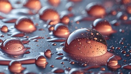 Poster - detailed close-up of abstract water drops on glossy surface featuring reflections and blurred bokeh 