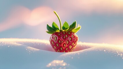 Poster - Fresh red strawberry with green leaves placed on soft snow surface illuminated by sunlight in winter season.