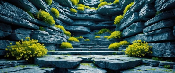 Poster - Rocky staircase surrounded by green and yellow plants in a textured stone setting natural landscape environment