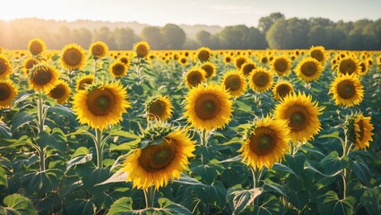 Poster - Field of vibrant sunflowers with green leaves under bright sunlight, backdrop of forested hills in warm summer light