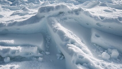 Aufkleber - Snow and ice texture on ground surface in natural setting with various snow formations and shadows under bright sunlight