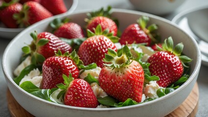 Aufkleber - Fresh strawberries arranged in a bowl with cream and greens on a wooden surface in bright lighting