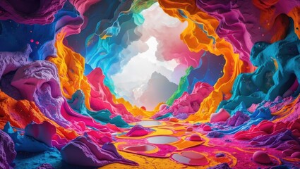 Poster - Vibrant abstract landscape with colorful textures and light creating an immersive, dreamlike scene representing creativity and imagination.