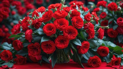 Poster - Red flowers in a large bouquet with lush green leaves arranged on a red surface creating a vibrant and rich floral display.