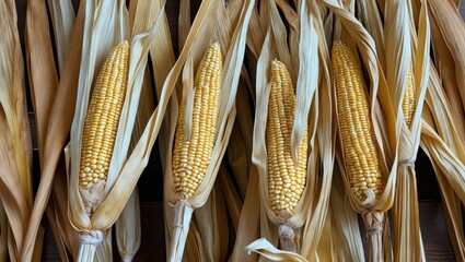 Aufkleber - Dried corn cobs with husks arranged in a row showcasing yellow kernels on rustic wooden background