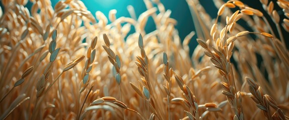 Aufkleber - Golden oat grains with soft focus in a field illuminated by natural light, close-up view of agricultural crop.