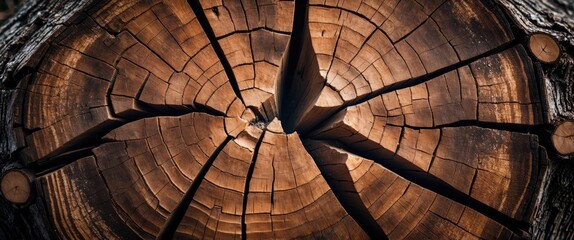 Poster - Wooden tree stump cross-section showing intricate growth rings and a central crack with textured surface details.