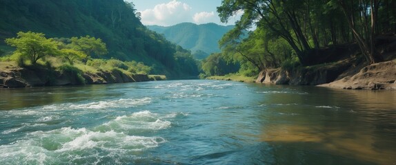 Poster - Scenic river view with lush greenery mountains sunlight reflections calm water landscape nature tranquility outdoors