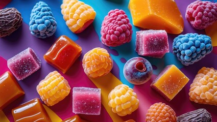 Poster - Colorful assortment of gummy candies and fruit jellies arranged on a vibrant striped background