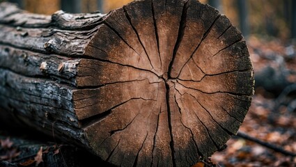 Aufkleber - Close-up of a cross-section of a tree trunk displaying detailed texture and cracks in a natural forest environment