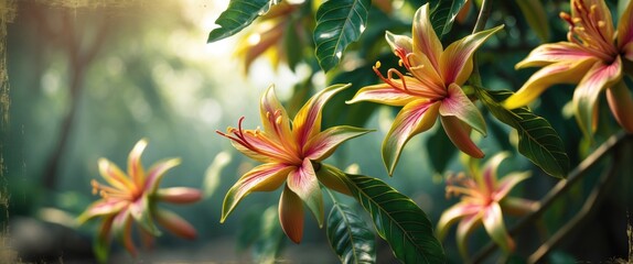 Poster - Colorful tropical flowers with green leaves in a lush forest setting during daylight with soft natural lighting and a blurred background.