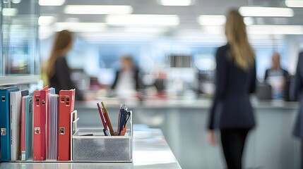 Poster - Blurred view of colleagues collaborating in a modern business office setting with a desk organizer containing various office supplies and documents in the foreground showcasing teamwork organization