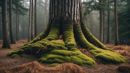 Aufkleber - Moss covered tree roots in a misty forest undergrowth with tall trees and brown foliage in the background