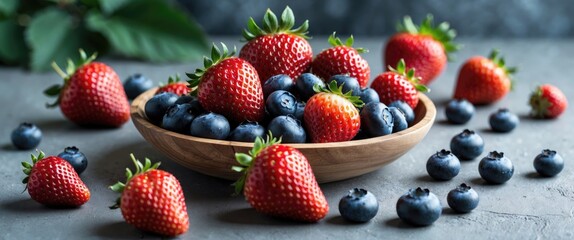Aufkleber - Fresh strawberries and blueberries arranged in a wooden bowl with scattered fruits on a textured gray surface