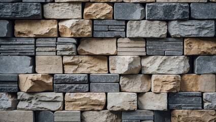 Poster - Textured stone wall made of various sizes and colors of bricks including gray and beige shades arranged in a pattern