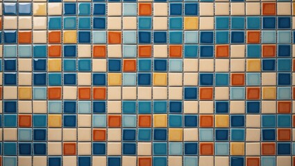 Aufkleber - Colorful ceramic mosaic tile pattern with blue, orange, and beige squares creating a textured background surface.