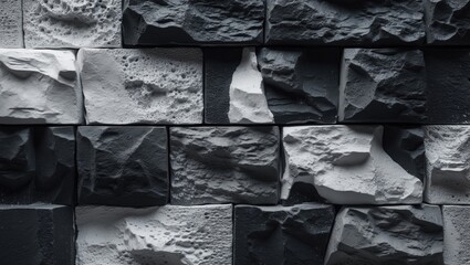 Poster - Textured stone wall composed of irregularly shaped black and white rock blocks arranged in a geometric pattern