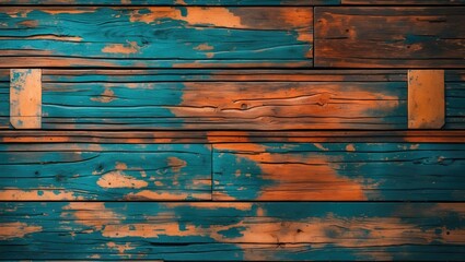 Poster - Textured abstract wooden wall with blue and orange hues showcasing a rustic aesthetic and detailed grain for background use.