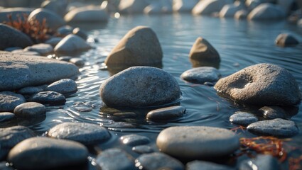 Aufkleber - Rocks and pebbles in clear water with gentle ripples and reflections during daylight in natural environment