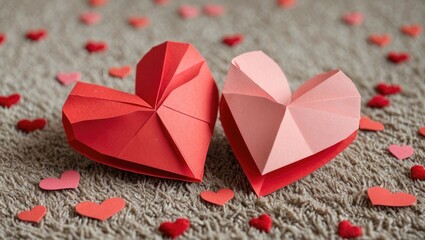 Poster - Two origami hearts in red and pink surrounded by scattered smaller paper hearts on a textured background
