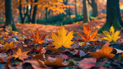 Aufkleber - colorful autumn leaves on forest floor with vibrant foliage and blurred background of trees in warm natural light