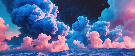 Poster - Vibrant abstract clouds in shades of blue and pink against a cosmic space backdrop creating a dreamlike atmosphere and ethereal scenery.