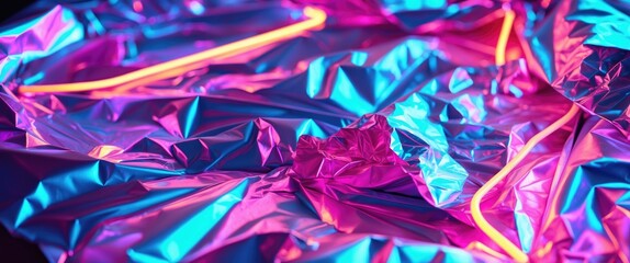 Poster - reflective aluminum foil illuminated by vibrant neon lights creating a dynamic and colorful abstract