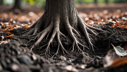 Poster - Tree roots in rich soil with fallen leaves illustrating natural growth and earth connection in an outdoor setting.
