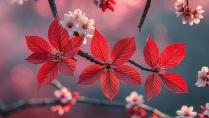 Poster - Red leaves and delicate pink flowers on a branch with a soft blurred background in a natural setting.
