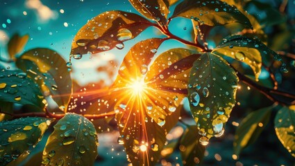 Aufkleber - Close-up of leaves with water droplets illuminated by sunlight in a natural setting, creating a vibrant and fresh atmosphere.