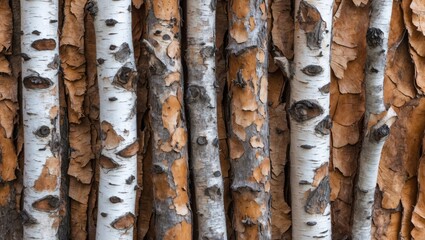 Aufkleber - Birch tree bark close-up displaying white and brown textures with visible knots and contrasting colors of natural wood patterns.