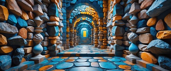 Poster - Colorful stone corridor with arches and patterned floor in a mystical setting illuminated by an orange door in the distance