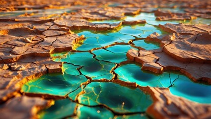 Poster - Cracked earth with turquoise water pools under warm sunlight in arid landscape with intricate textures and patterns