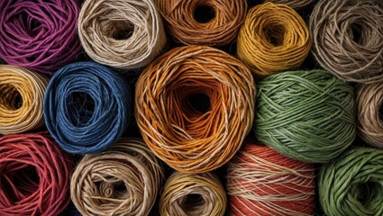 Poster - Colorful assortment of yarn skeins in various colors arranged in a visually appealing layout for textile or crafting themes