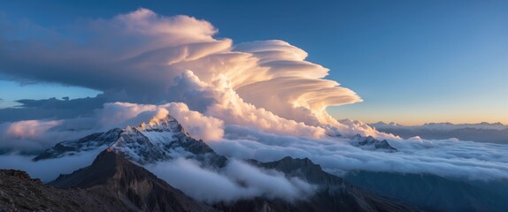 Aufkleber - Dramatic sky with lenticular clouds above mountain peaks during sunset with layers of mist and clouds in the foreground
