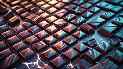 Aufkleber - assorted chocolate pieces arranged on a reflective surface with dramatic lighting and rich textures