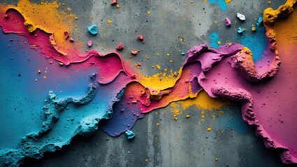 Fototapete - Colorful abstract texture with vibrant blue pink purple yellow and orange paint on a textured gray concrete wall
