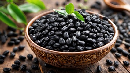 Poster - Black seeds in decorative wooden bowl on rustic table with scattered seeds and green leaves for organic food concepts