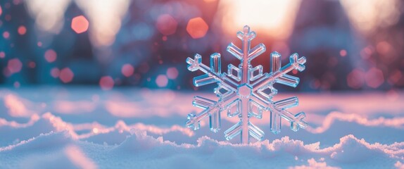 Poster - Snowflake on sparkling snow during sunset with soft focus background bokeh effect in winter landscape.