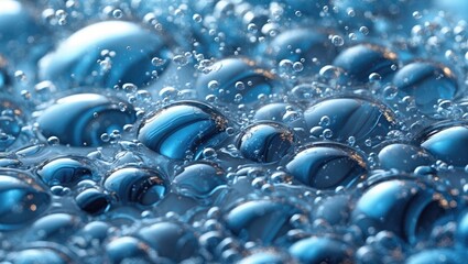 Wall Mural - Glittering Blue Water Bubbles Abstract Background with Reflections and Depth in a Fluid Composition