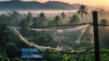 Poster - Spider web on barbed wire with mountains and palm trees in the background during sunrise with mist in the landscape.