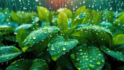 Aufkleber - Close-up of green leaves with water droplets during rainfall in a lush garden setting. Natural light creates a fresh atmosphere.