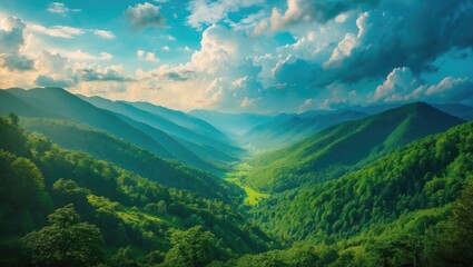 Poster - Mountain landscape during daytime with lush green valleys and blue skies with clouds natural scenery peaceful environment