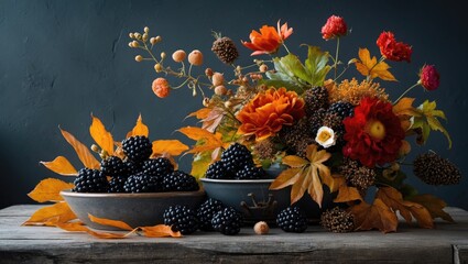 Aufkleber - Blackberries in ceramic bowls with autumn flowers and foliage on rustic wooden table against dark background