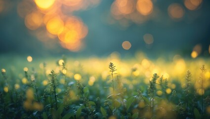 Poster - nature abstract background with bokeh effect and soft focus on greenery during golden hour, creating