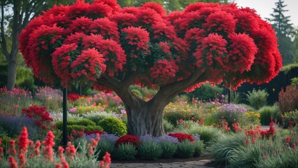 Aufkleber - Red flowering tree with dense foliage surrounded by colorful blooms in a landscaped garden setting during daylight.