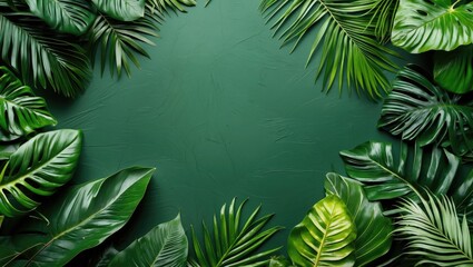 Poster - Green background framed with various tropical leaves creating a natural botanical border in a flat lay composition