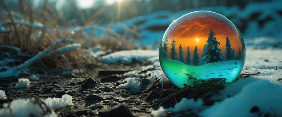 Poster - Snowy landscape reflected in a crystal sphere with sunset and evergreen trees in the background on a winter day.
