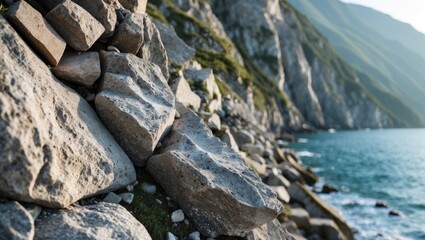 Aufkleber - Coastal rocks along a serene shoreline with mountains in the background under natural sunlight in a tranquil setting