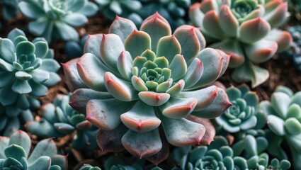 Aufkleber - succulent plants with varying shades of green and pink arranged in a garden setting showcasing their natural textures and shapes
